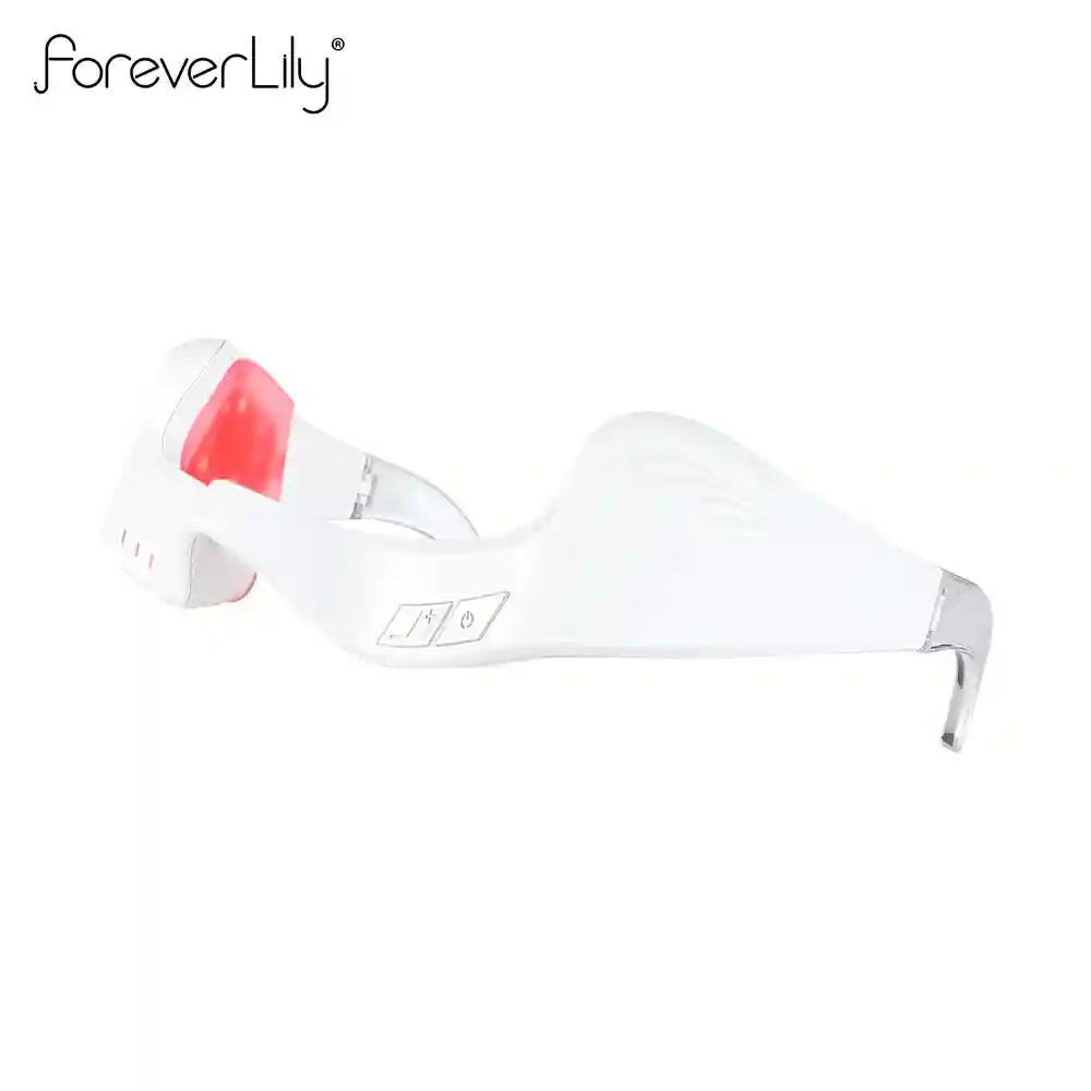 White electric under-eye massager glasses with red light therapy for eye fatigue relief and spa-like eye care.