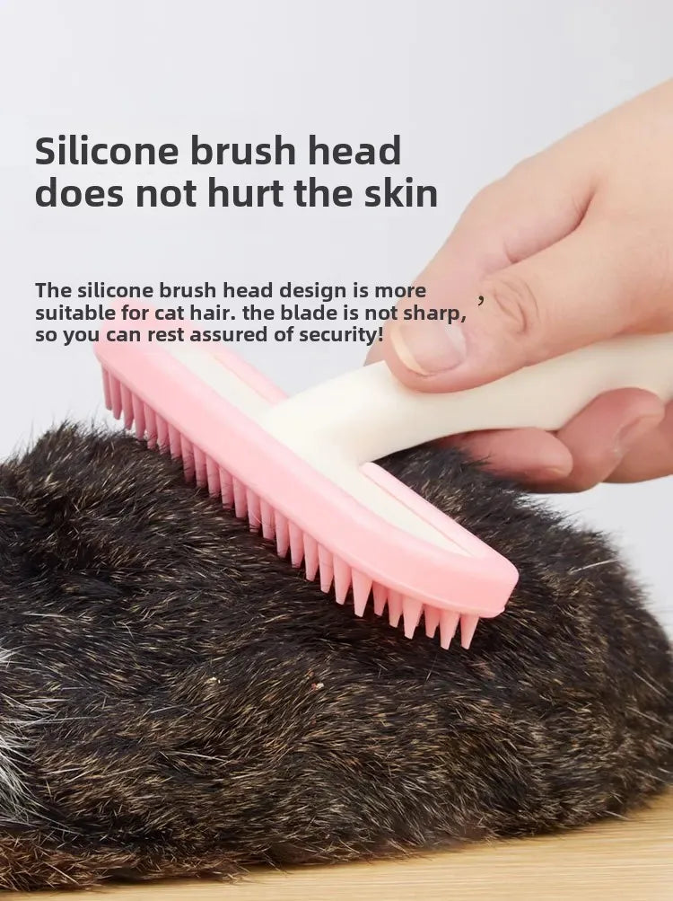 Soft pink silicone pet brush gently grooming rabbit or cat fur for safe, painless hair removal and beauty care.