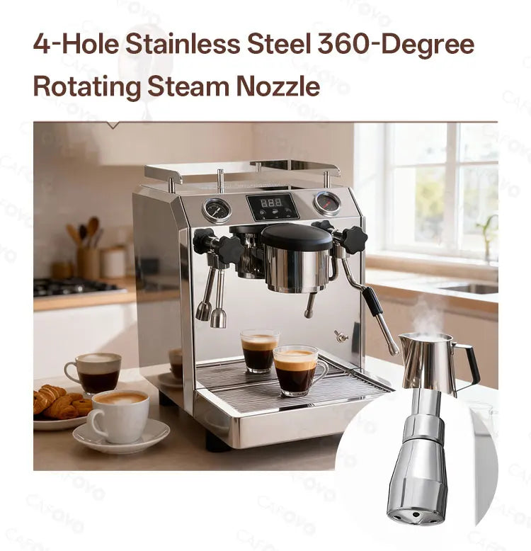 Cafovo stainless steel espresso machine with 4-hole 360-degree rotating steam nozzle and digital display on kitchen top.