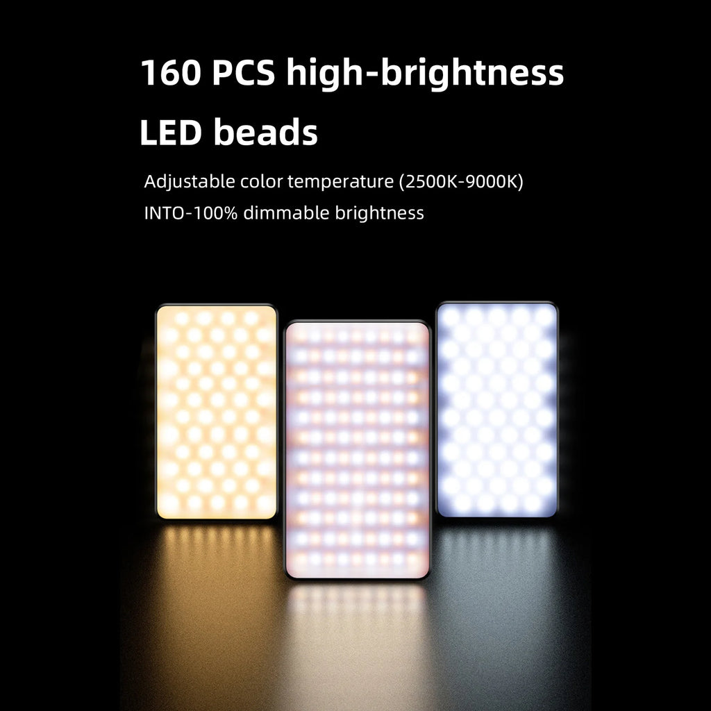 Rectangular portable LED video light with 160 adjustable brightness and color temperature beads on a black background.