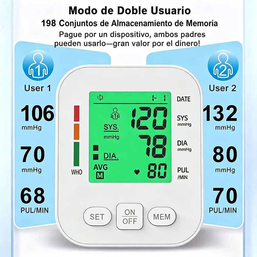 Spanish Blood Pressure Monitor Upper Arm Automatic Tonometer BP Cuff Machine with Backlight LED Display for Home Use Health Care