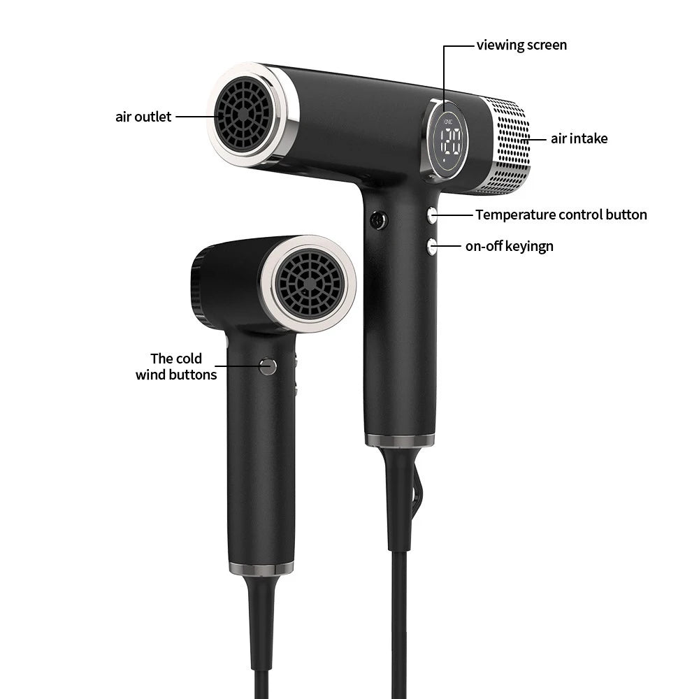 Black 1800W professional ionic hair dryer with digital LED display, cold shot button, and sleek brushless motor design.