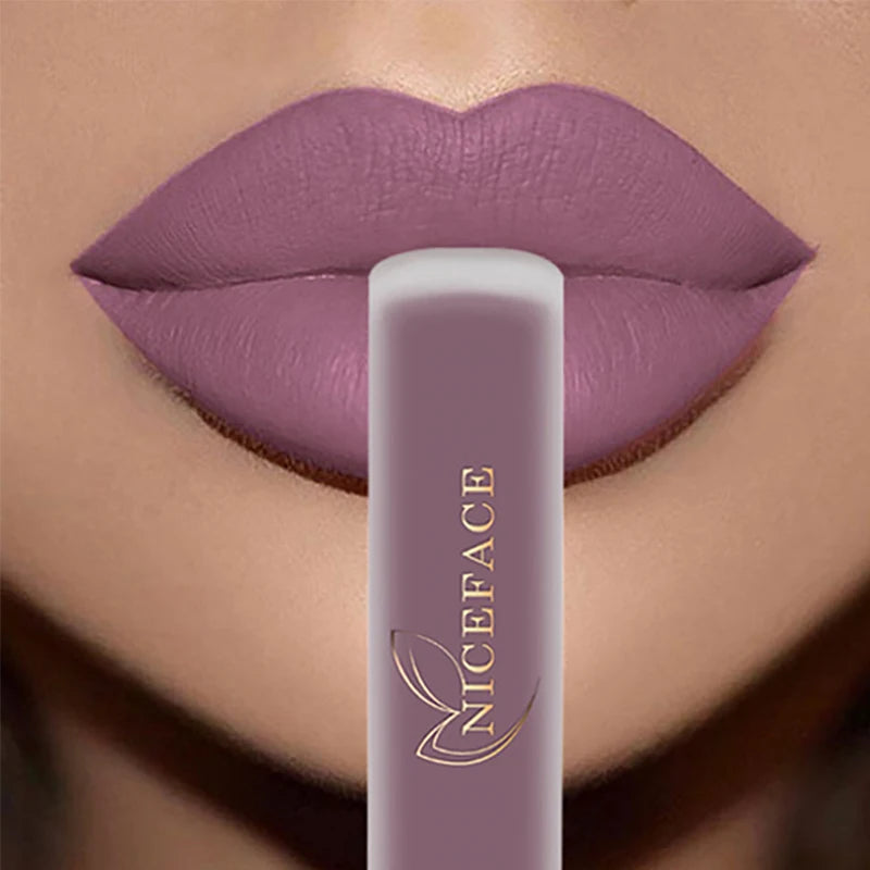 NICEFACE waterproof velvet matte liquid lipstick in a muted mauve nude shade on lips with matching applicator tube.
