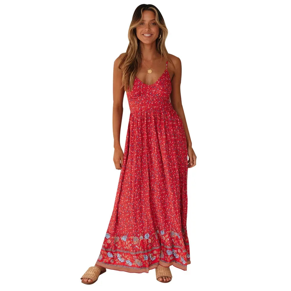 Happie Queens Women Fashion Strapless Bohemian Maxi Dress Lady Summer Vacation Beach Boho Dress Robe