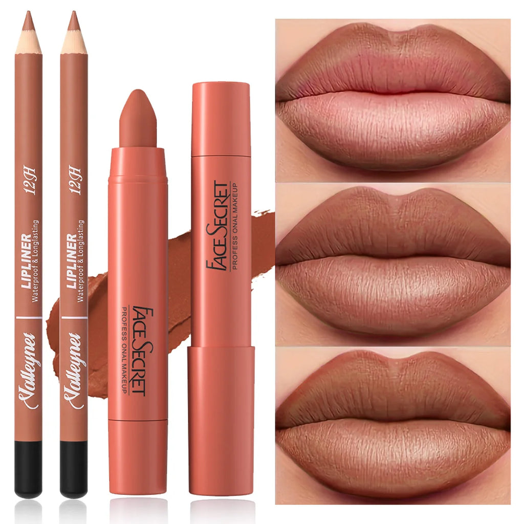 2pcs matte velvet lipstick and waterproof lip liner set in nude brown for long-lasting, smooth lip makeup application.
