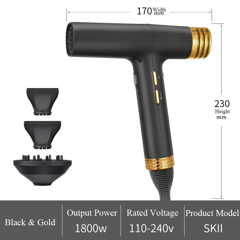 Black and gold quiet negative ion hair dryer with 3 magnetic attachments for professional salon and home styling.