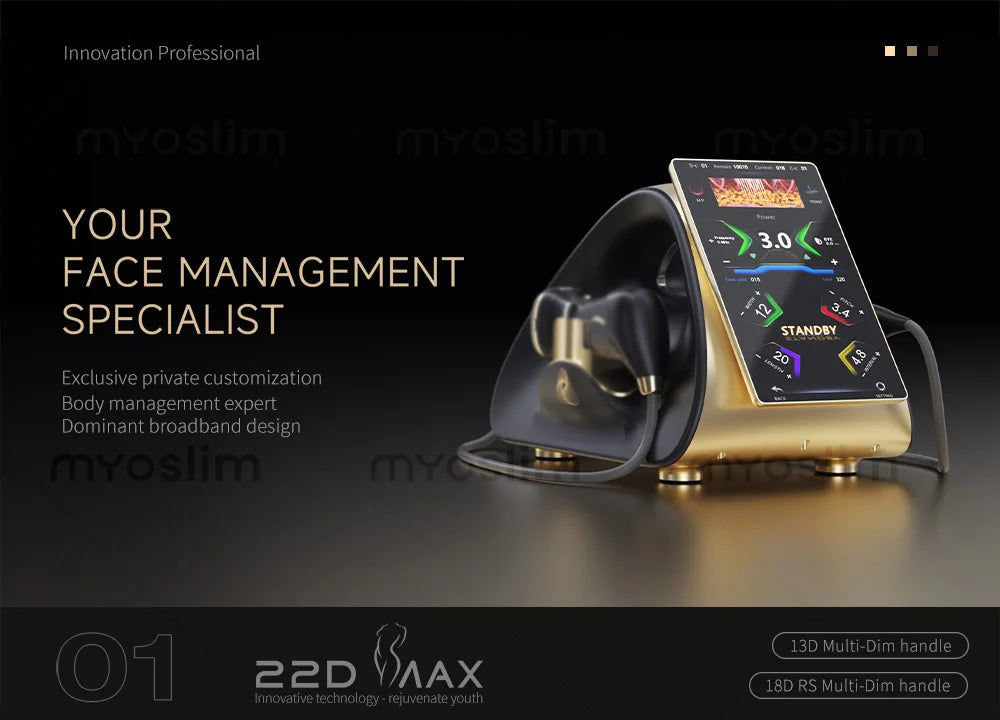 22D MAX HIFU beauty device for facial tightening and slimming with gold and black finish and digital touch screen.