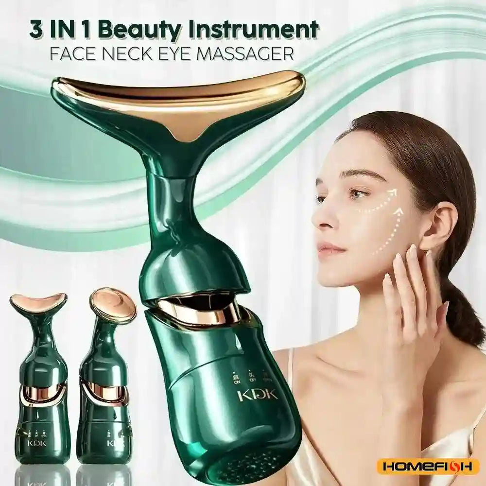 Green and gold 3-in-1 facial sculpting device with sonic vibration, shown next to a woman and two smaller units.