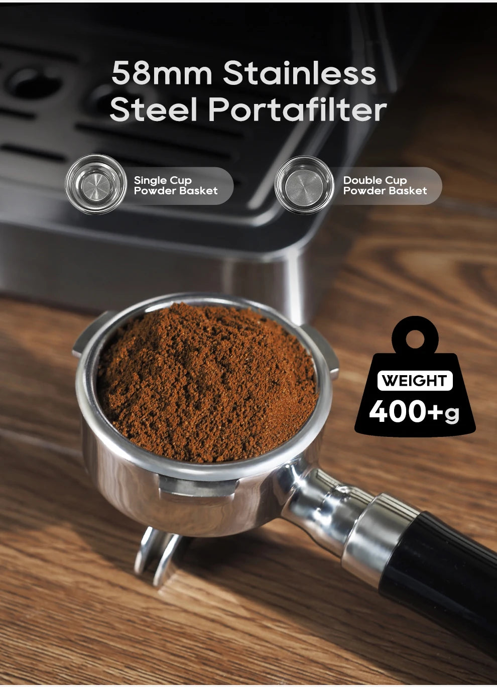 58mm stainless steel espresso portafilter with single and double cup baskets, weighing over 400g.