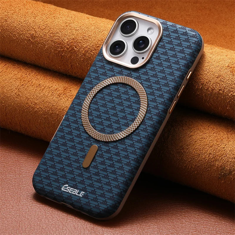 iPhone 16 Pro Max Case Leather Carbon Fiber MagSafe Slim Protective Cover Blue Tidesmit