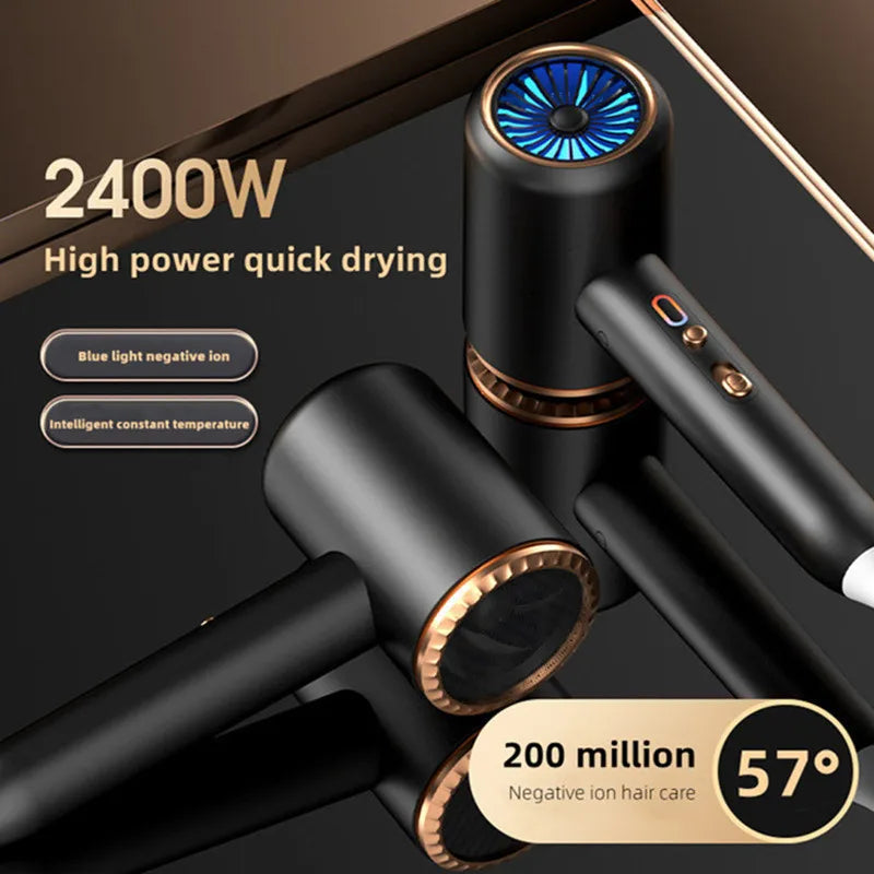 Black 2400W high-speed hair dryer with blue light, negative ions, and gold accents for salon-quality hair care.