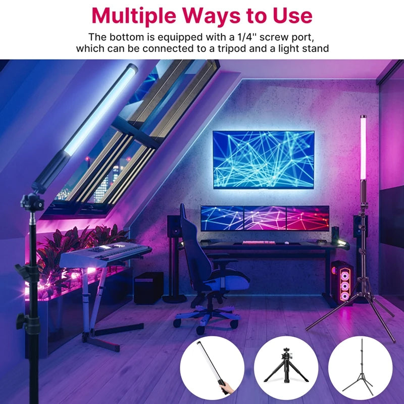 Handheld LED light wand with 1/4" screw port for tripod or light stand mounting, shown in a gaming setup.