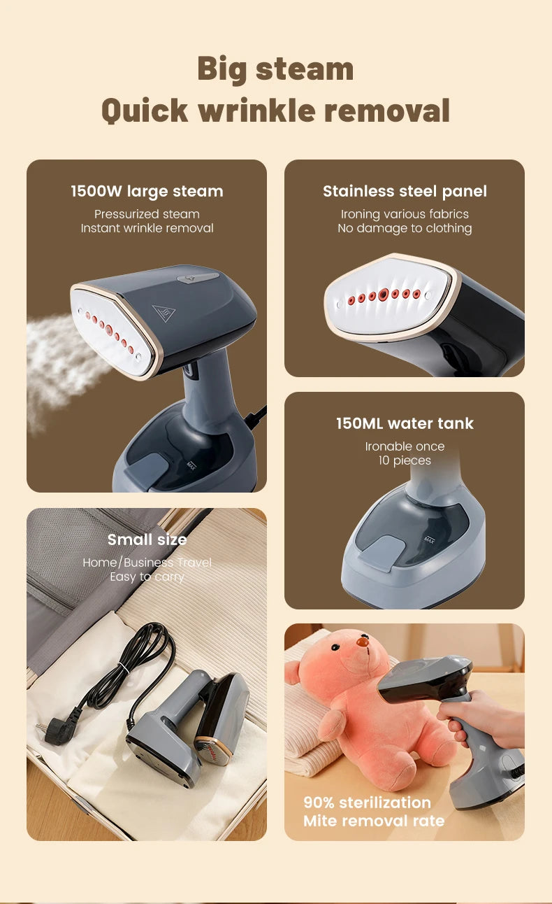 Tidesmit 1500W handheld garment steamer showing foldable design and compact iron head for efficient fabric care