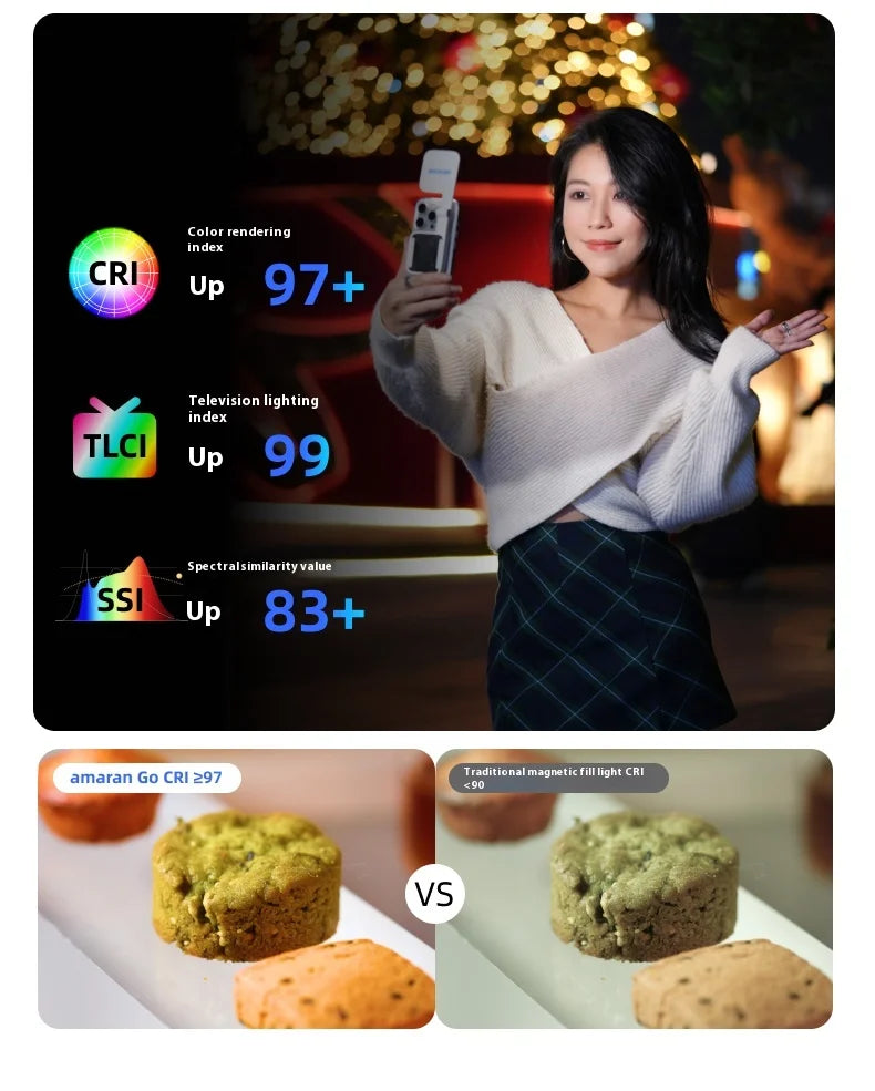 Compact magnetic phone fill light highlighting high color accuracy for photography and mobile video.