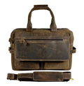 Handmade rustic brown leather messenger briefcase for men with dual front pockets, top handles, and shoulder strap.