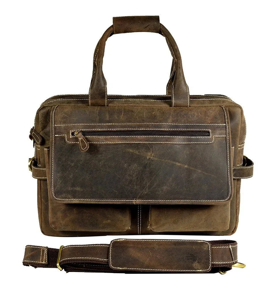 Handmade rustic brown genuine leather messenger briefcase with multiple pockets, top handles, and detachable strap.