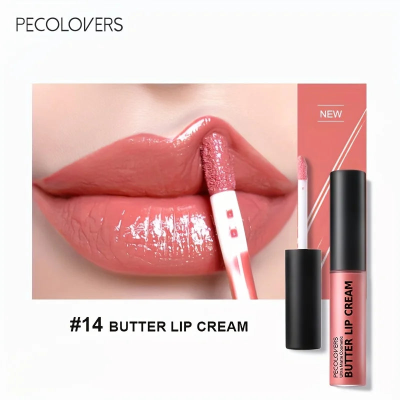 Pecolovers moisturizing nude butter lip cream liquid lipstick with a glossy, non-sticky high-pigment finish.
