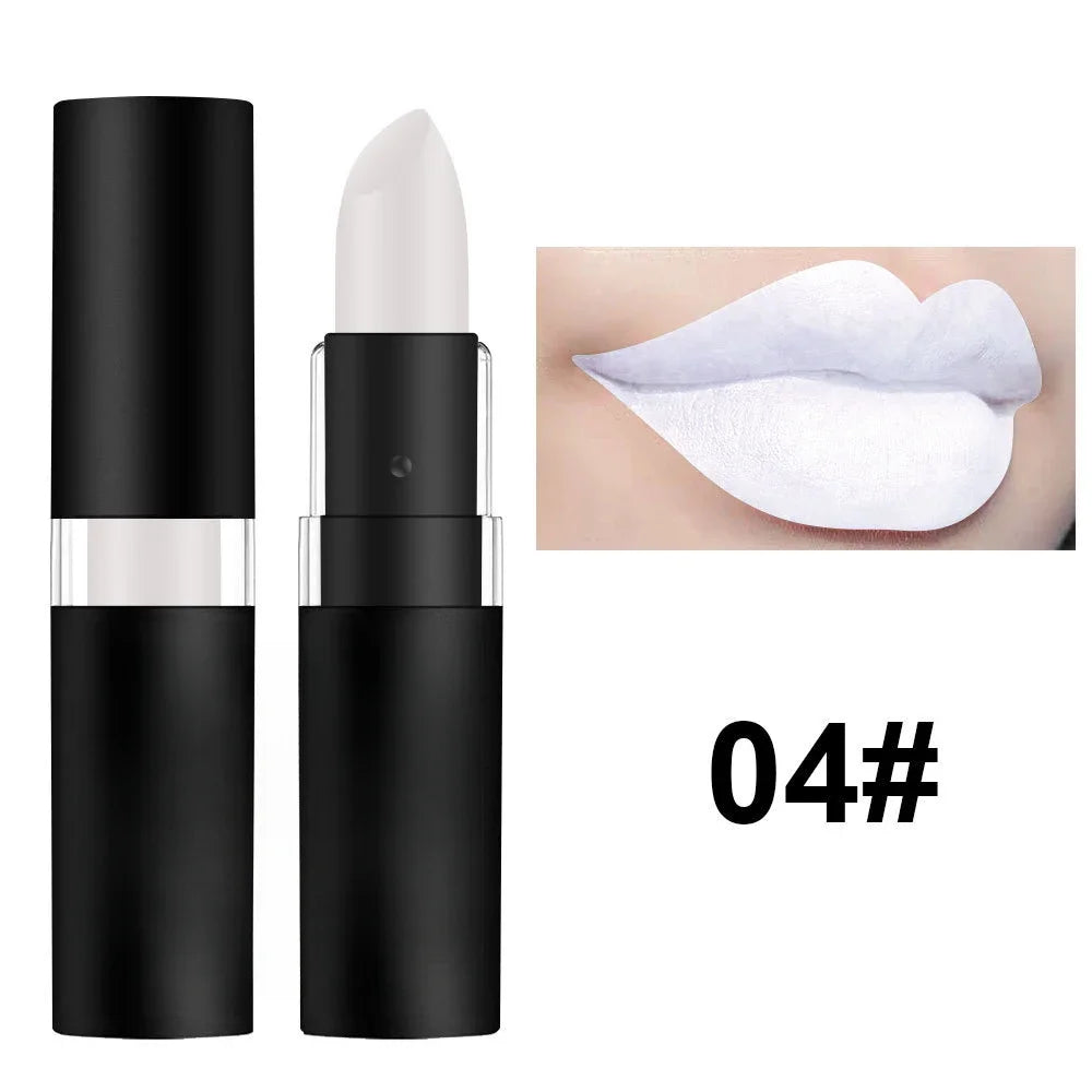 White matte lipstick in black tube with waterproof, highly pigmented, easy-to-apply long-lasting lip makeup finish.