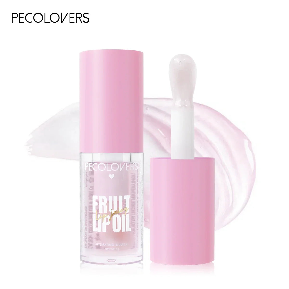 PECOLOVERS transparent fruit lip oil in pink packaging with applicator brush and glossy crystal jelly texture swatch.