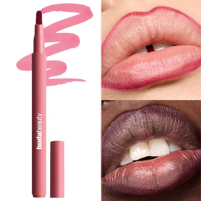 Hydrating lip and cheek stick in pink, showing applicator and natural matte finish on lips.