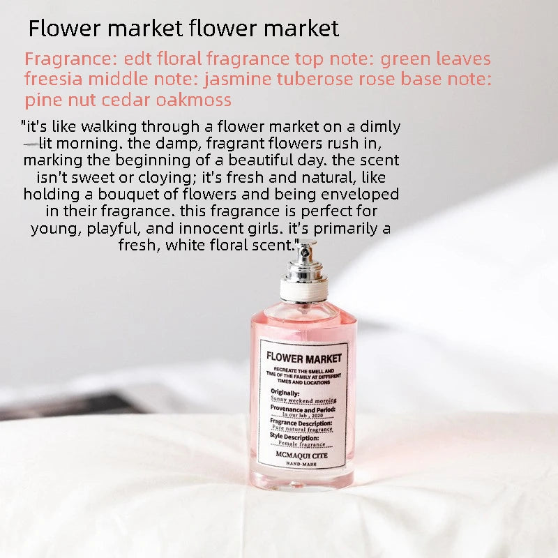 Flower Market EDT perfume for women: floral fresh scent with jasmine and rose in a 100ml clear cylindrical glass bottle.
