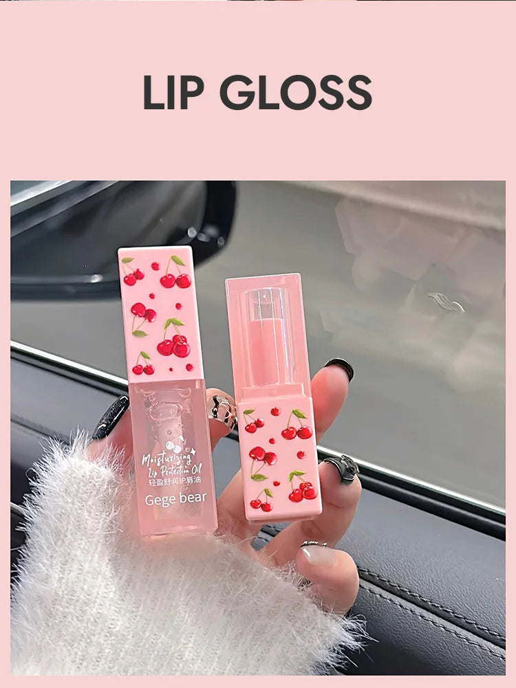 Gege Bear cherry lip balm and oil set: pink moisturizing lip makeup with cute cherry print for soft, tender lips.