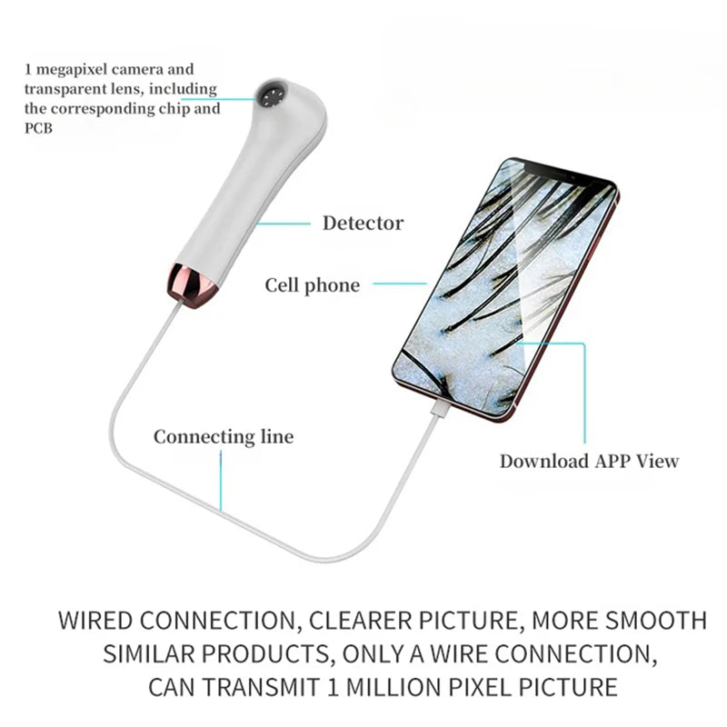 White HD scalp and skin follicle detector with wired connection to smartphone for professional hair analysis app view.