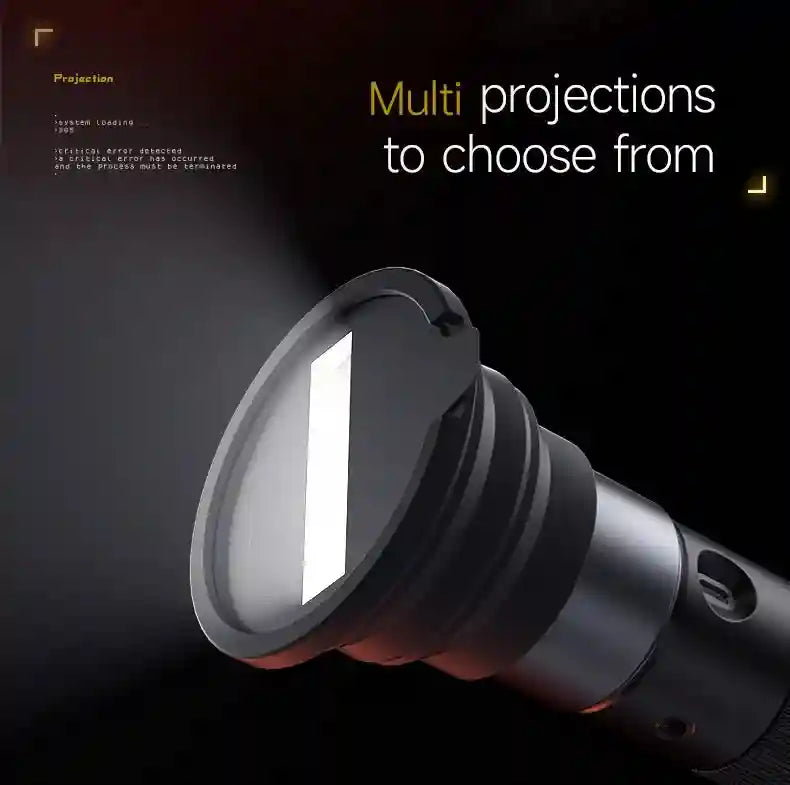 Black cylindrical handheld projection flashlight with a wide lens projecting a white vertical light beam.