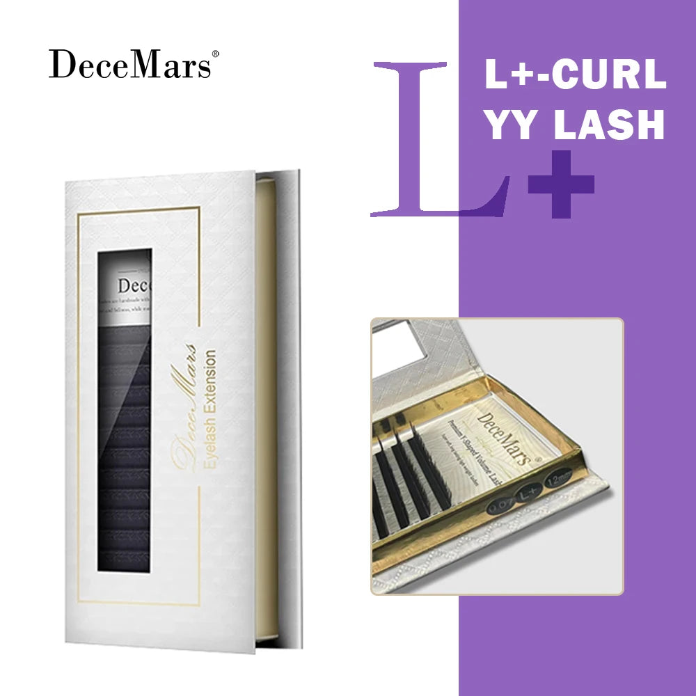 L+ curl YY eyelash extension tray in a white case, containing black 0.07mm thick, 12mm long individual lash strips.