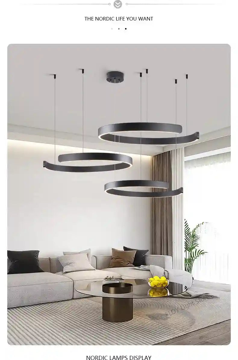 Modern 3-Ring LED Chandelier - Adjustable Dimmable Black Finish Tidesmit