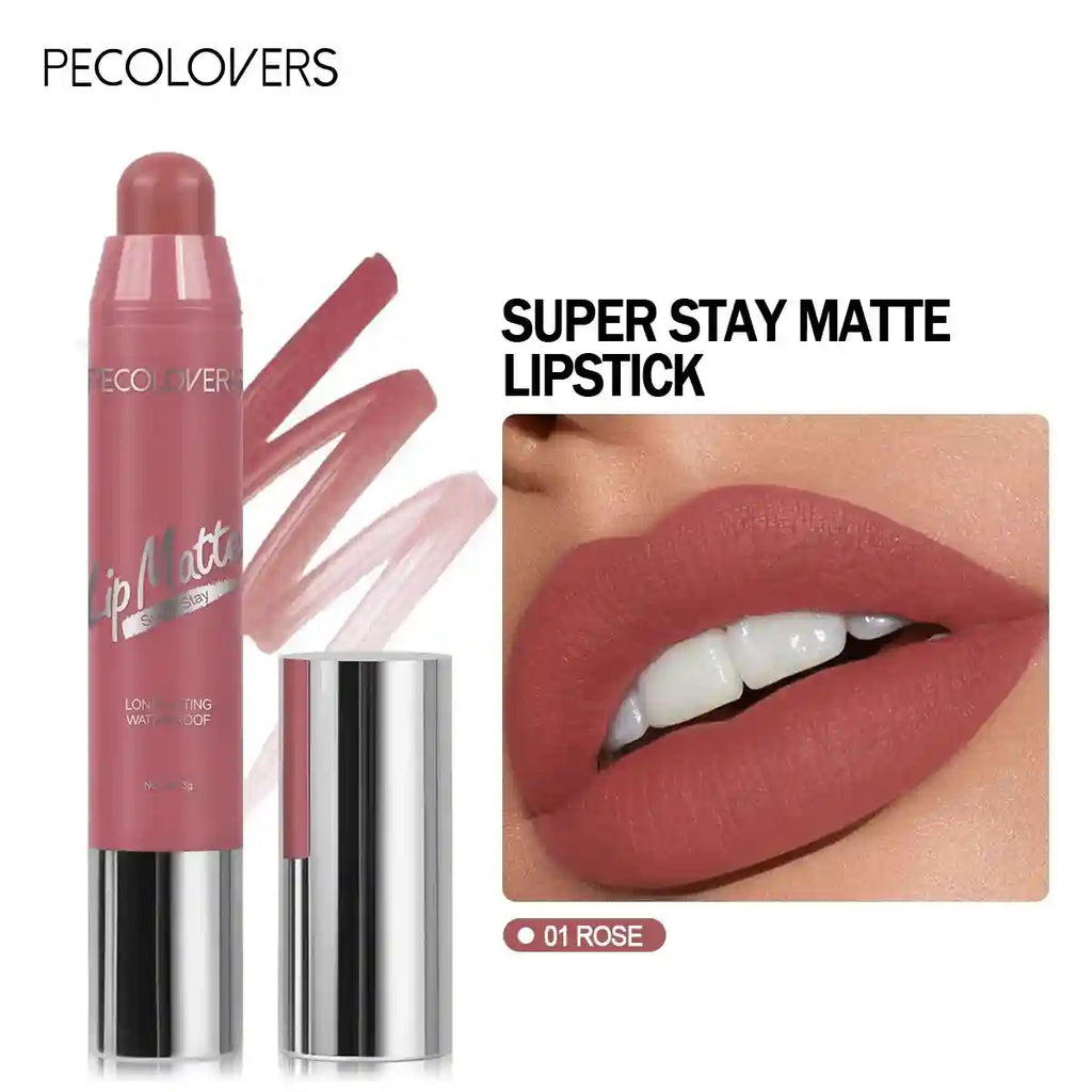 Pecolovers velvet matte lipstick in 01 Rose, a waterproof, long-lasting nude apricot lip tint with non-stick finish.