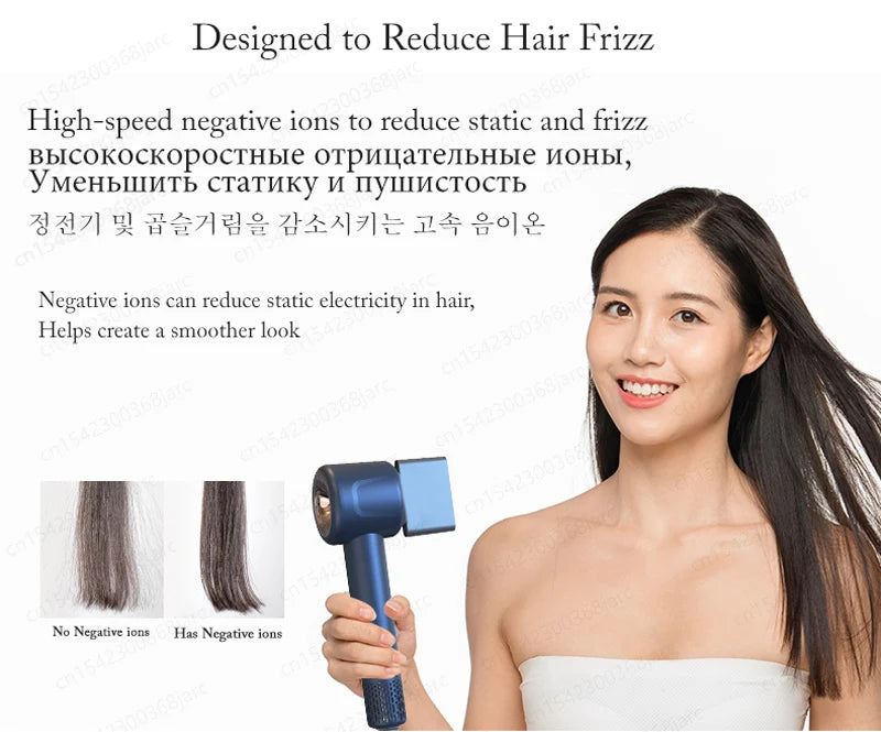 Blue leafless negative ion hair dryer with nozzle attachment for professional salon-quality styling and frizz reduction.