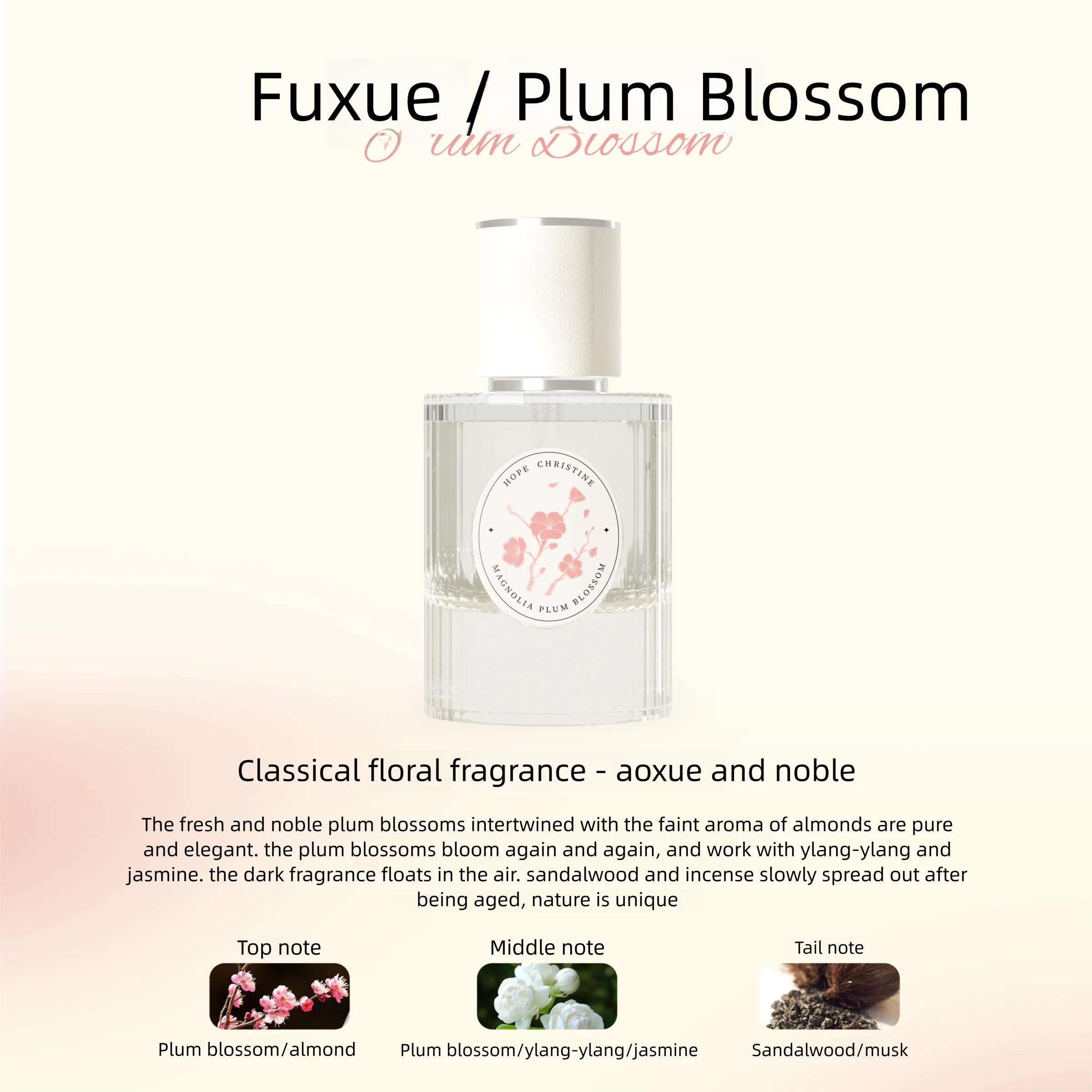 Hope Christine 50ml Plum Blossom floral perfume for women. Clear glass ribbed bottle, almond, jasmine, sandalwood scent.