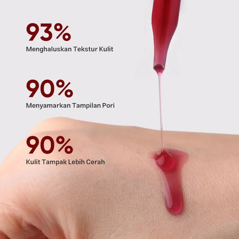A clear red liquid essence drips from a dropper onto skin, with text overlay showing percentages and skin benefits.