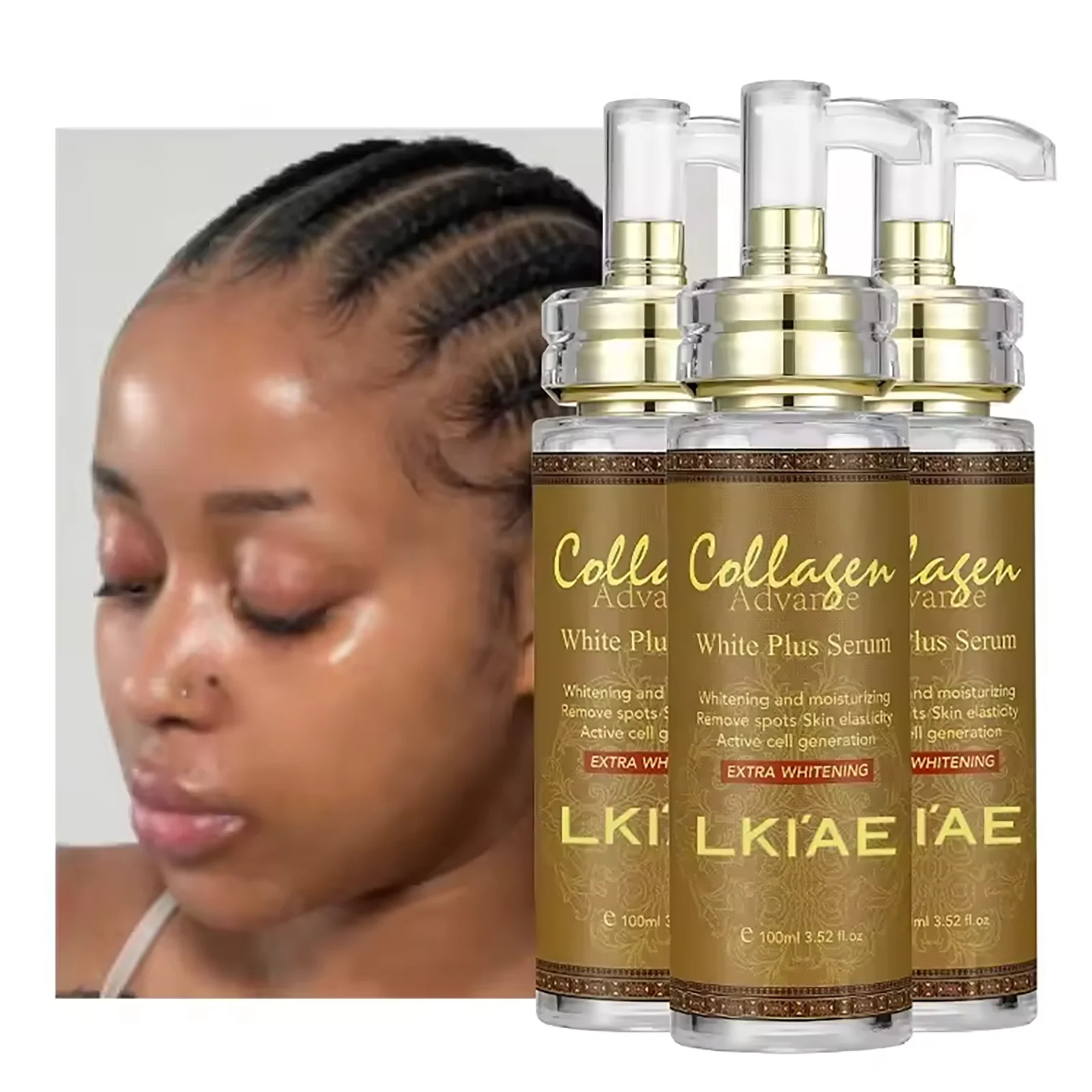 Carrot collagen oil whitening serum pack with three bottles, beside face skincare close-up