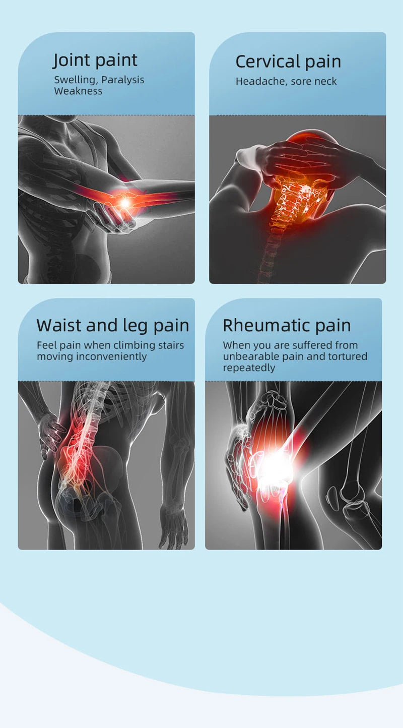 Infographic showing infrared cold laser therapy for joint, neck, back, and rheumatic pain relief treatment.