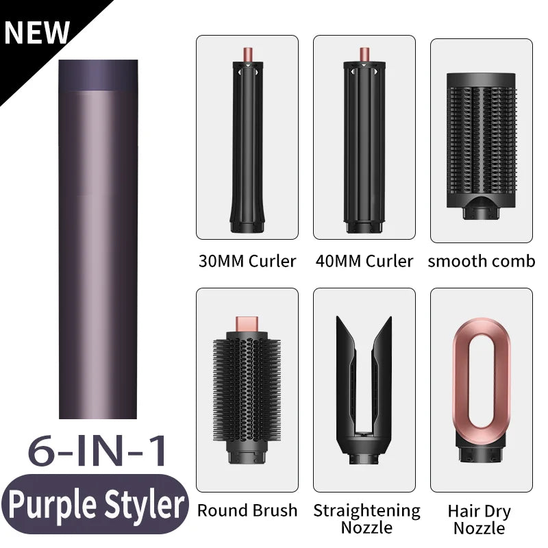 SenCiciMen 6-in-1 purple hair styler set with 1500W blow dryer, curling barrels, and styling brushes.