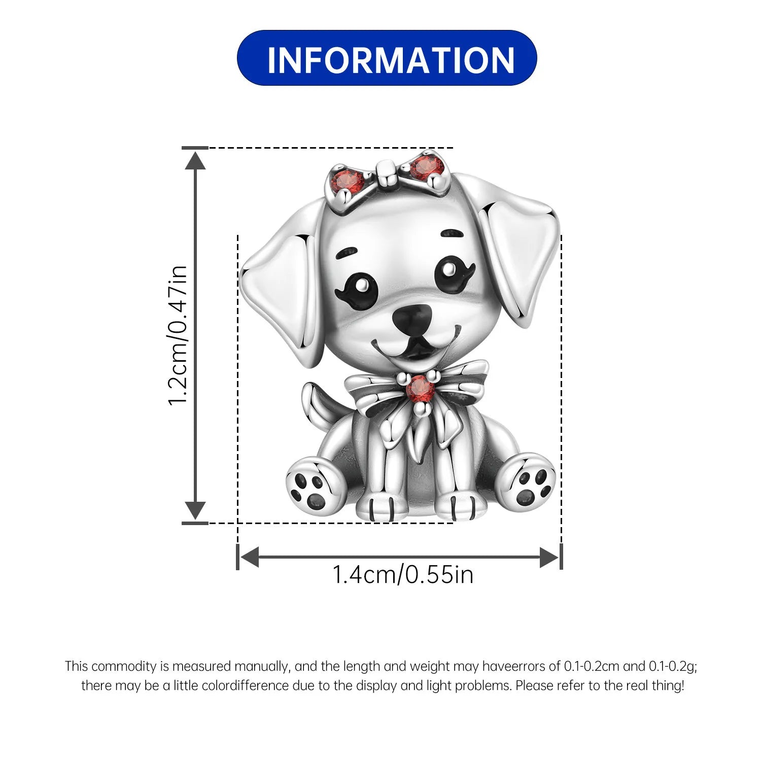 925 sterling silver puppy dog charm with red bow for DIY bracelets. Cute pet jewelry gift, 1.2cm x 1.4cm.