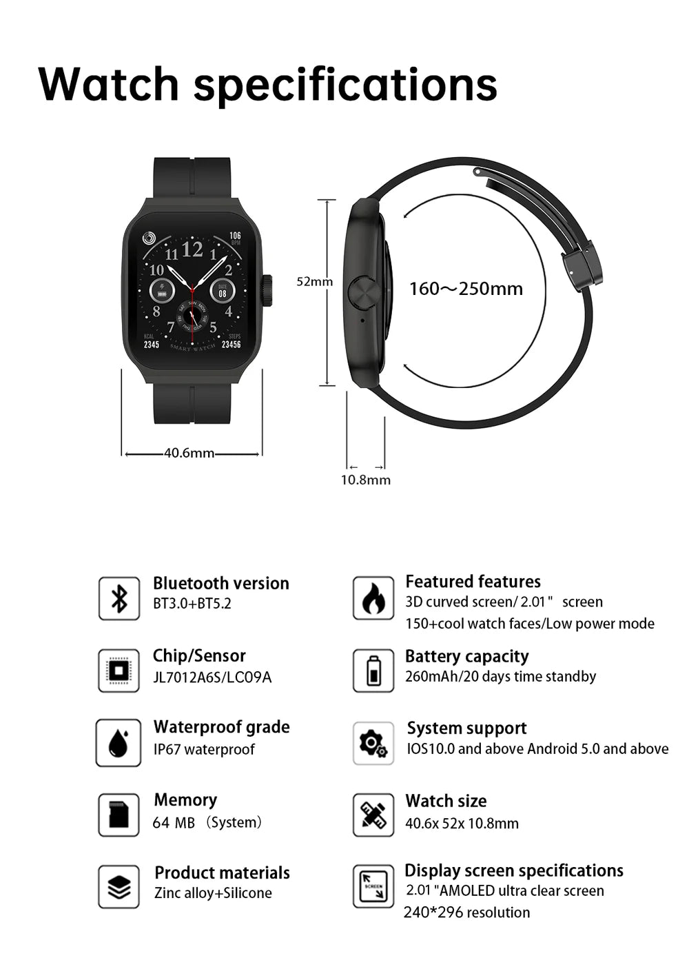 YLL-HRS H99 Smart Fitness Tracker Watch Exercise Record Heart Rate Monitor Sleep Tracker Custom Dial Chronograph Alarm Clock