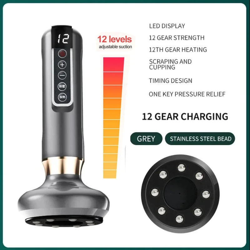 Grey handheld scraping and cupping massager with 12 intensity levels, LED display, and stainless steel beads.