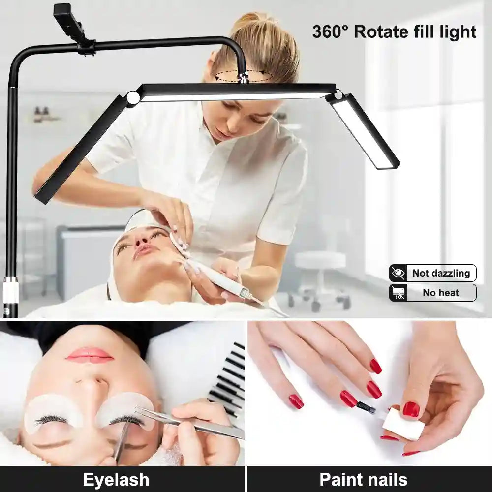 Black, adjustable 360-degree LED beauty lamp for lash applications and nail art, featuring three foldable light panels.