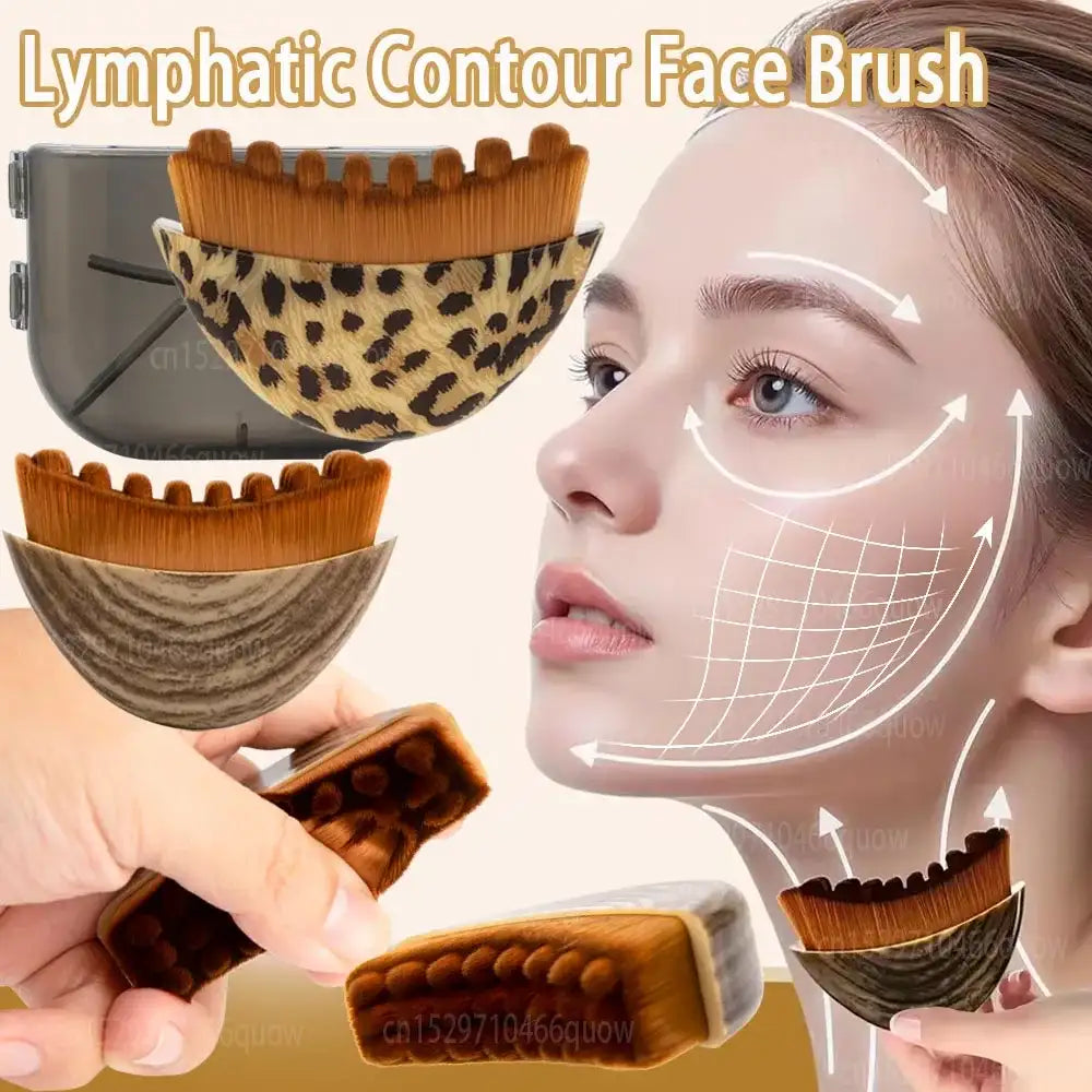 Curved lymphatic facial contour brushes in leopard print and wood grain styles, shown being used for facial massage.