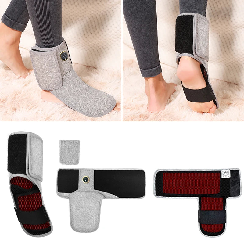Grey red light ankle heating sleeve with vibration massage for pain relief, adjustable wrap on foot for joint support.