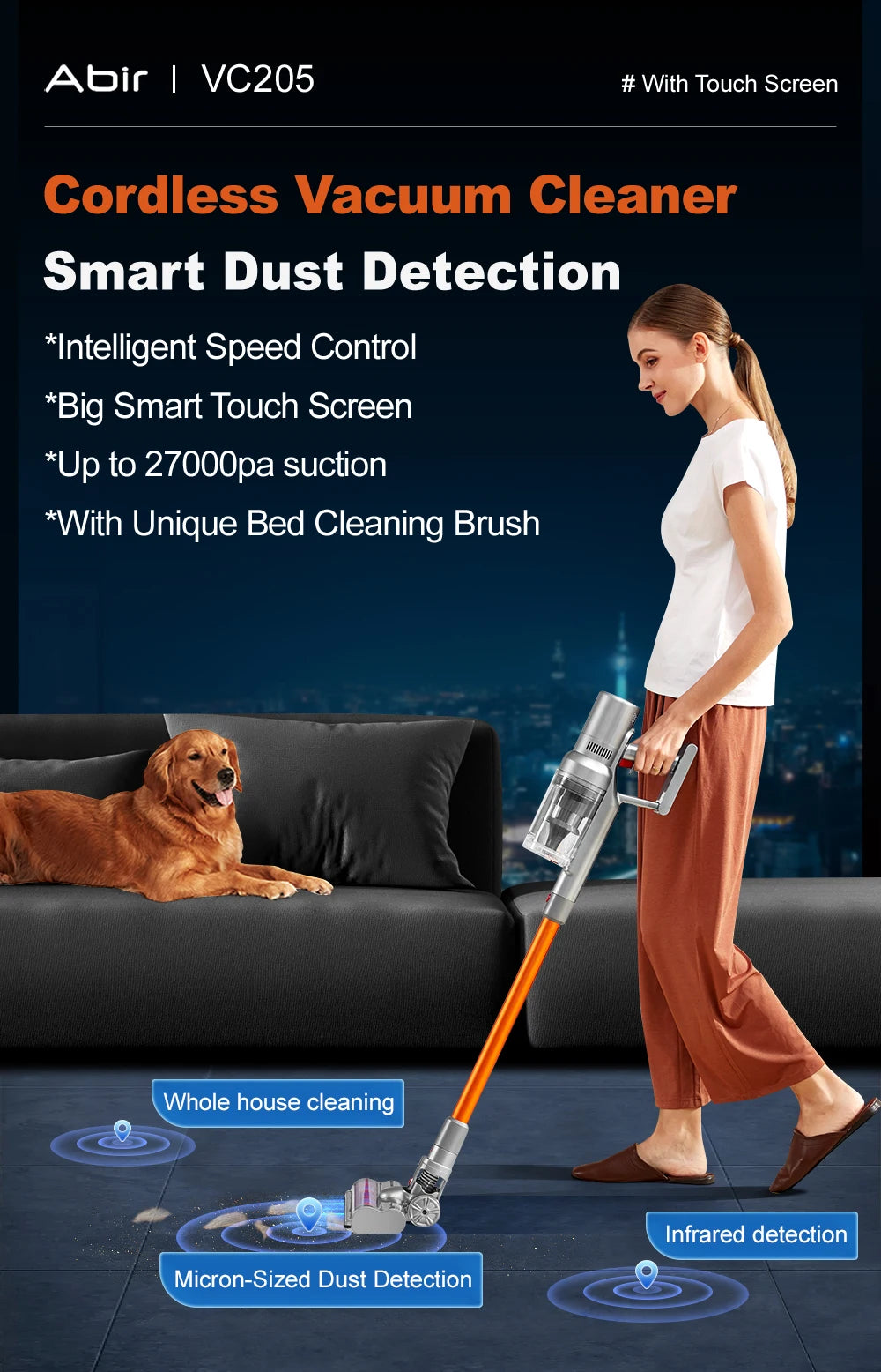 Tidesmit ABIR VC205 cordless vacuum with smart dust sensor, touch screen, and auto speed control for home deep cleaning