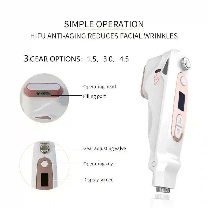 White and rose gold professional mini HIFU face lifting machine with 3 gear settings and digital skincare display.