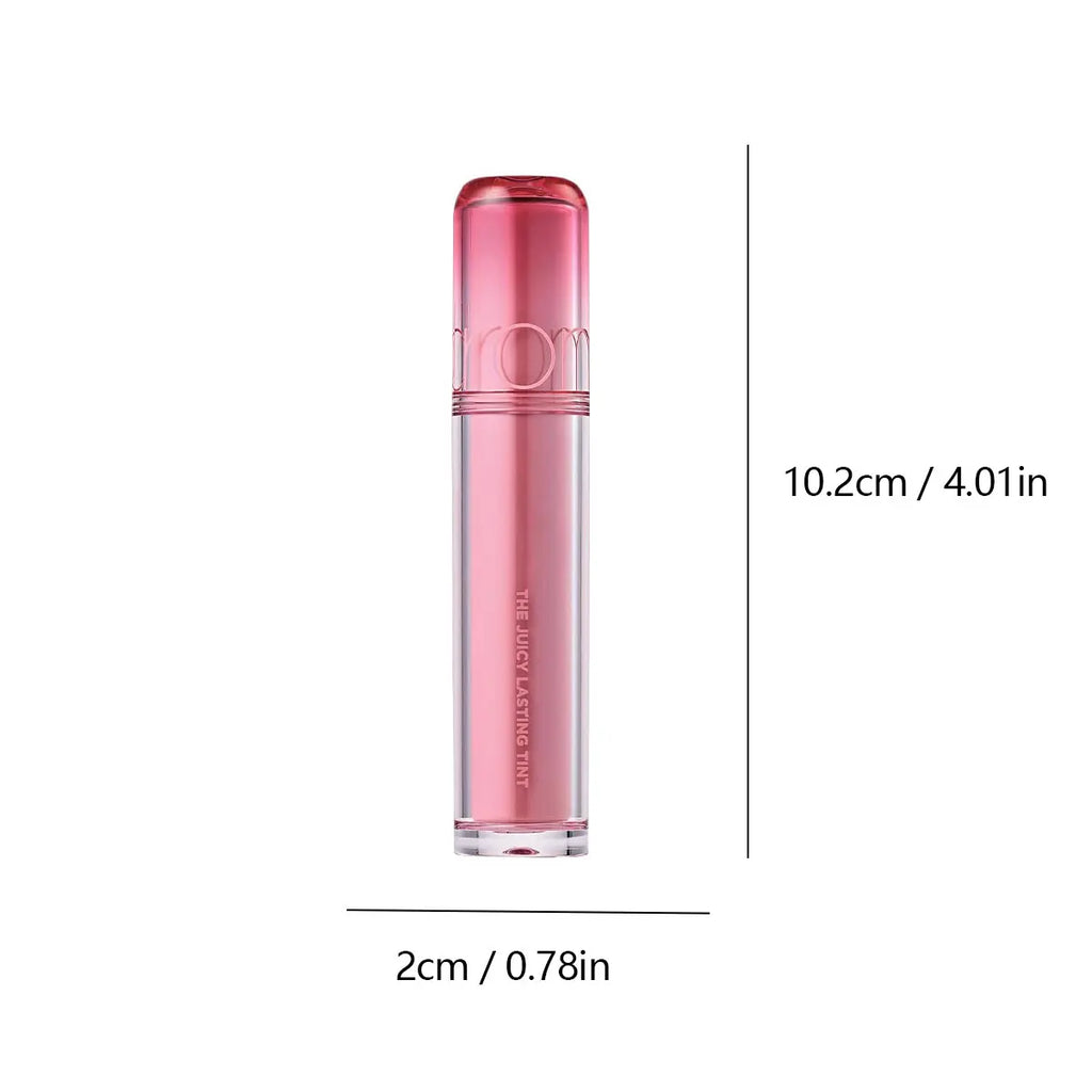rom&nd Juicy Lasting Tint in pink sleek tube. Hydrating glossy Korean lip makeup with 10.2cm height dimension scale.