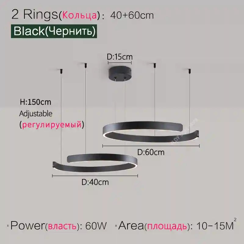 Modern 3-Ring LED Chandelier - Adjustable Dimmable Black Finish 2 Rings Black S Tidesmit