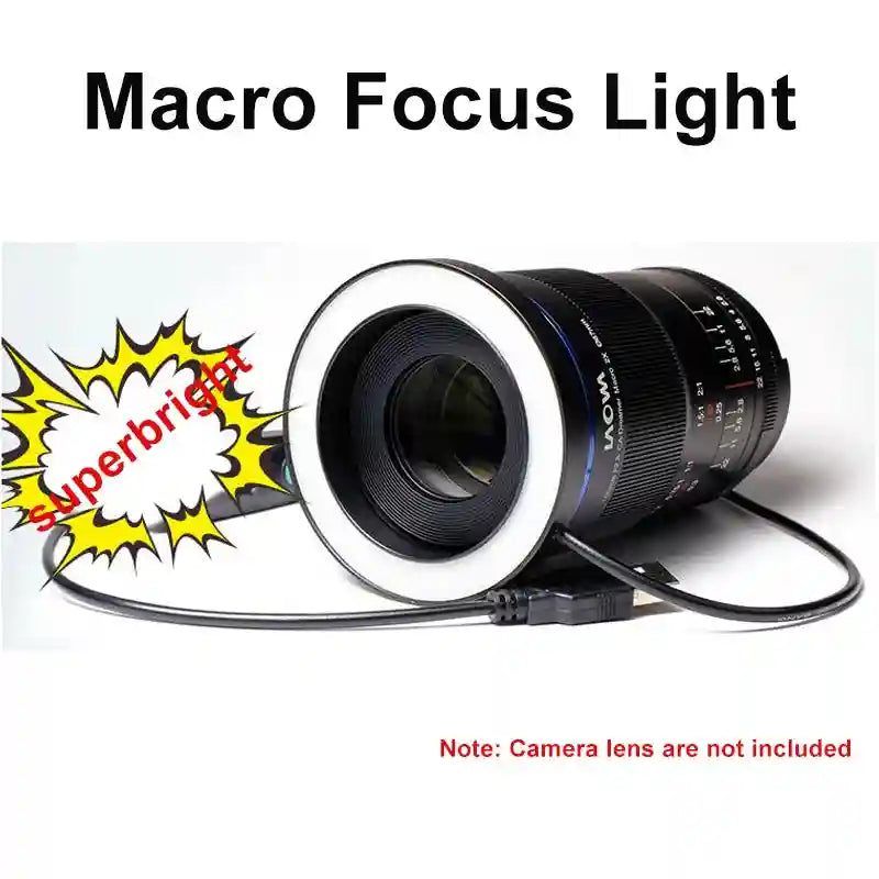Circular LED macro focus light for camera lenses with a black frame and integrated USB power cable.