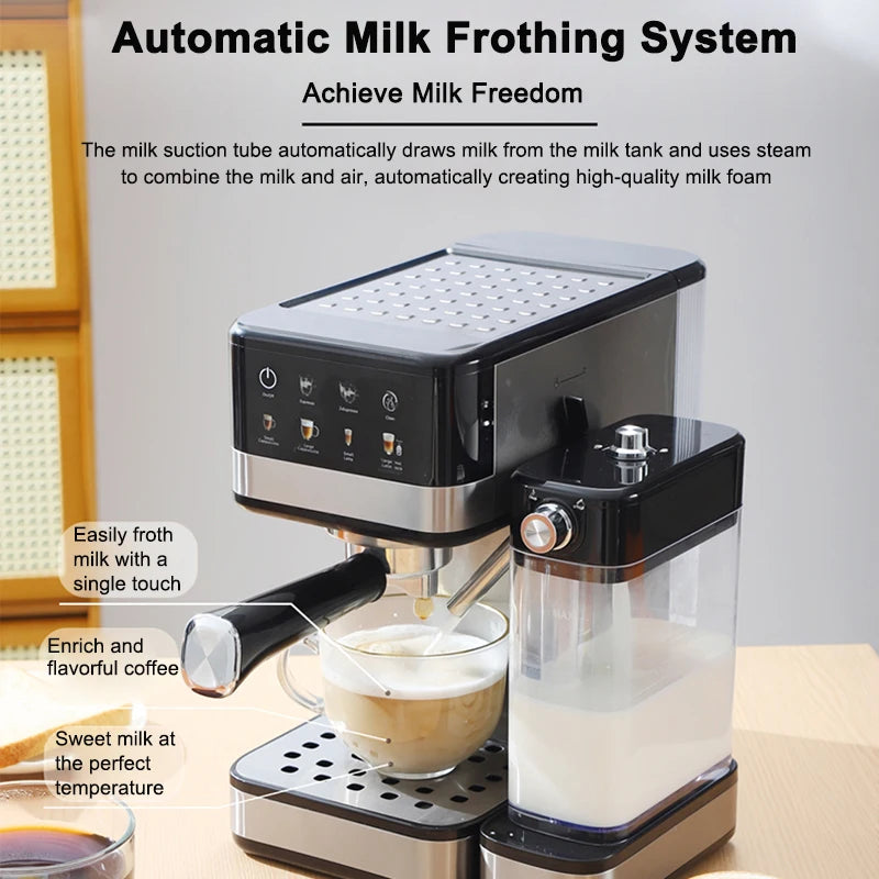 Black and silver automatic espresso machine with detachable milk frothing tank and digital touch interface.