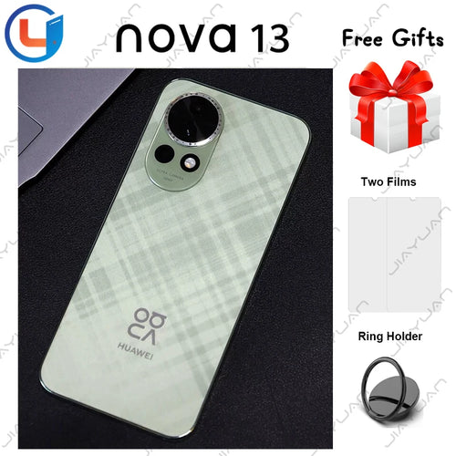 Huawei Nova 13 5G green plaid smartphone, rear view showing 50MP camera module with free screen films and ring holder.